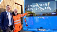 Ganz eng am krassen Wasserstoff: Ulrich Jaeger, Geschäftsführer der WSW mobil (links), und Conrad Tschersich, Technischer Geschäftsführer der AWG (rechts), an einem der WSW-Brennstoffzellenbusse, die am Müllheizkraftwerk der AWG mit H2 betankt werden. Foto: WSW 